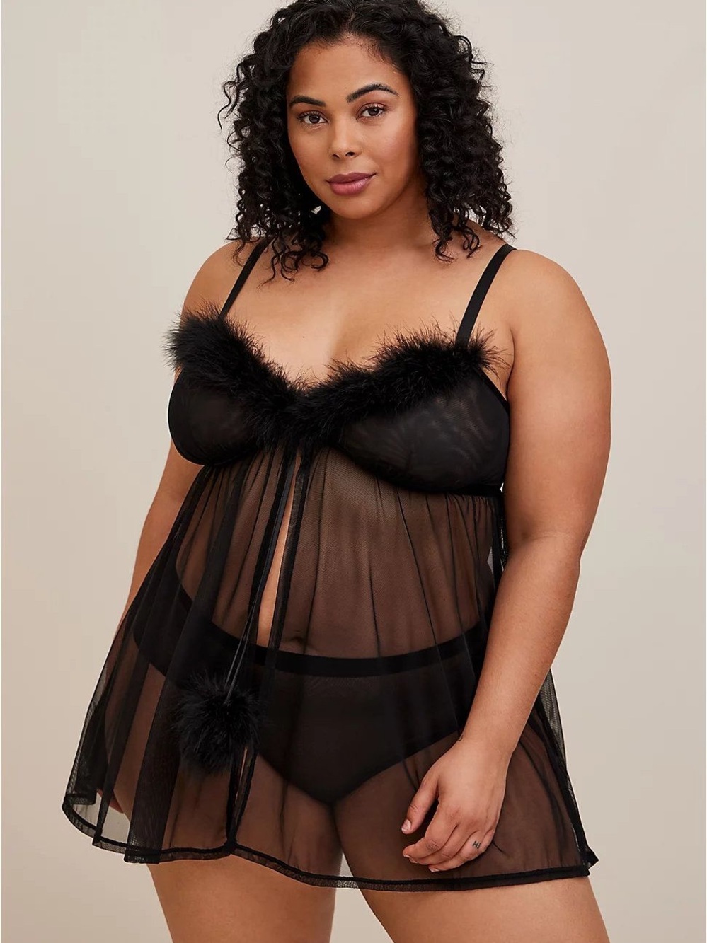 Torrid Black Maribou Babydoll Lingerie 2X Sheer Mesh Feather Pom Pom Flyaway